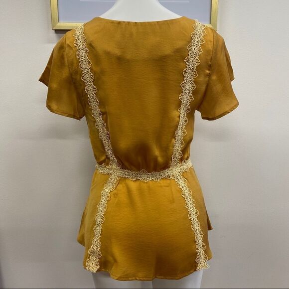 Modcloth Mustard Yellow with lace peplum style Top - Picture 3 of 5